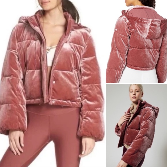 NWOT ALO Yoga Rosewood Velvet Puffer coat Pink Velvet Cropped Puffer Jacket - Picture 1 of 13